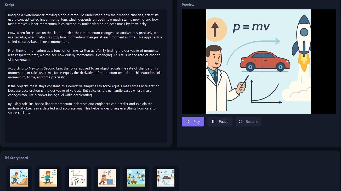 ShikhaAI generating a video on momentum, showing the script panel, video preview, and illustrated storyboard scenes